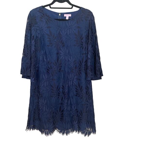 Lilly Pulitzer Jackelin Romper Size 12 Fern Gallery Lace Navy Blue Bell Sleeve - Picture 2 of 10